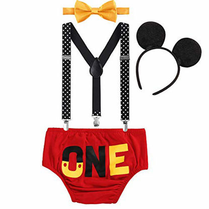 Picture of IBTOM CASTLE Baby Boys 1st Birthday Outfit Cartoon Bodysuit One Piece Gentleman Bottoms Suspender Straps with Bow-tie #22 Red One 12-18 Months