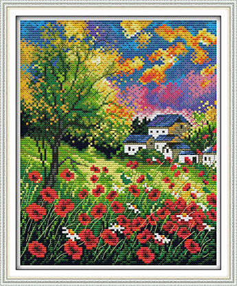 Picture of Maydear Full Range of Embroidery Starter Kits Stamped Cross Stitch Kits Beginners for DIY Embroidery (Multiple Pattern Designs)-Beautiful Flowers