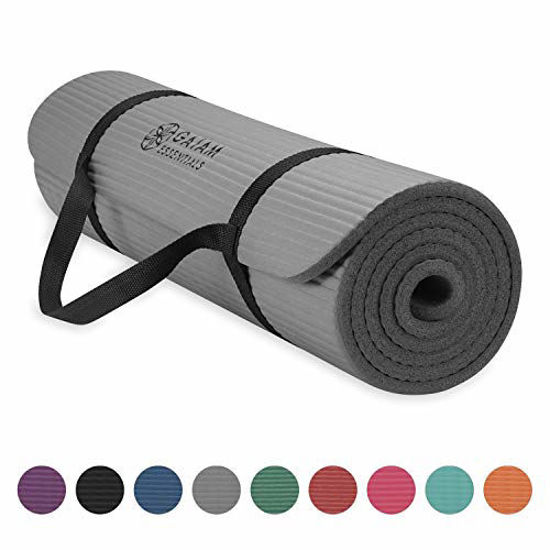 Gaiam Essentials Thick Yoga Mat Fitness & Exercise Mat With Easy-Cinch Yoga  Mat Carrier Strap, Grey, 72L X 24W X 2/5 Inch Thick