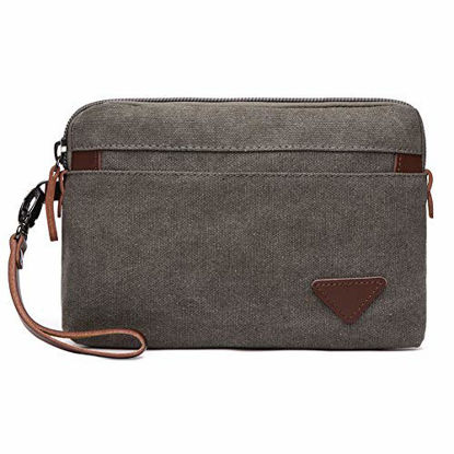 Picture of Canvas Wristlet Bag Large Clutch Wallet Purse Zipper Pouch Handbag Organizer with Leather Strap for Men (Grey)