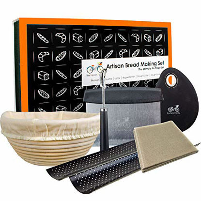 Picture of Bread Baking Kit Gift Set | 9" Banneton Bread Proofing Basket | 2 Baguette Baking Pan | Bread Lame | Flax Linen Couche | Dough Scraper | Dough Cutter