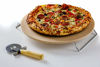 Picture of Ovente Ceramic Flat 13 Inch Pizza Stone Set with Crust Cutter Wheel & Metal Rack/Handle, Compact Easy Storage Portable Baking Grilling Stone Thermal Shock Resistance for Oven Grill BBQ, Beige BW10132