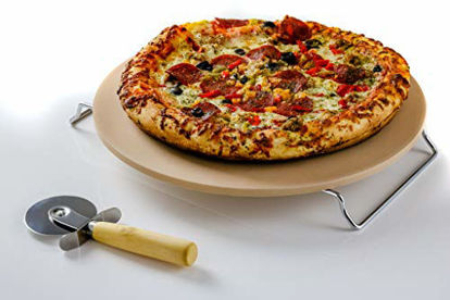 Picture of Ovente Ceramic Flat 13 Inch Pizza Stone Set with Crust Cutter Wheel & Metal Rack/Handle, Compact Easy Storage Portable Baking Grilling Stone Thermal Shock Resistance for Oven Grill BBQ, Beige BW10132