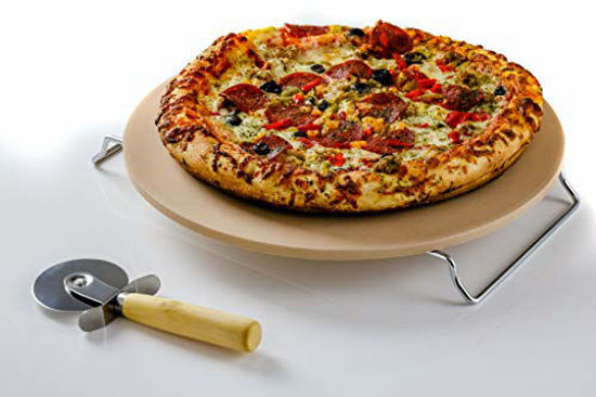 Picture of Ovente Ceramic Flat 13 Inch Pizza Stone Set with Crust Cutter Wheel & Metal Rack/Handle, Compact Easy Storage Portable Baking Grilling Stone Thermal Shock Resistance for Oven Grill BBQ, Beige BW10132