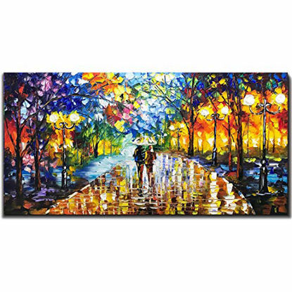 Picture of V-inspire Art, 24X48 inch Modern Abstract Canvas Oil Paintings Wall Art Rain Night Street View Hand Painted Acrylic Art Wood Frame Painting Living Room Bedroom Office Decoration Ready for Hanging