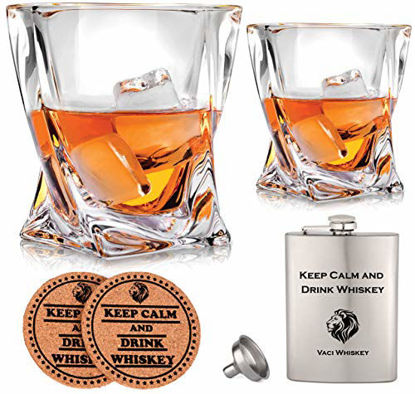 Picture of Vaci Crystal Whiskey Glasses - Set of 2 Bourbon Glasses, Tumblers for Drinking Scotch, Cognac, Irish Whisky, Large 10oz Lead-Free + Stainless Steel Flasks and Coaster, Cups, Luxury Gift Box for Men or