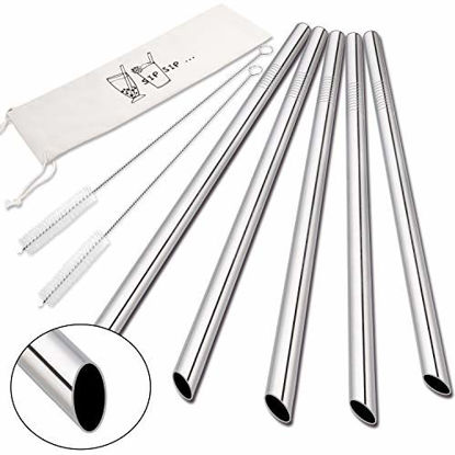 Picture of [Angled Tips] 5 Pcs 10" Reusable Boba Straws & Smoothie Straws, 0.5" Wide Stainless Steel Straws, Metal Straws for Bubble Tea / Tapioca Pearl, Milkshakes, Jumbo Drinks | 2 Cleaning Brushes & 1 Case