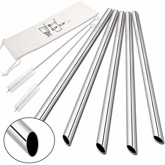 Picture of [Angled Tips] 5 Pcs 10" Reusable Boba Straws & Smoothie Straws, 0.5" Wide Stainless Steel Straws, Metal Straws for Bubble Tea / Tapioca Pearl, Milkshakes, Jumbo Drinks | 2 Cleaning Brushes & 1 Case