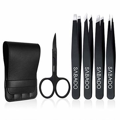 Picture of Tweezers Set 5-Piece - Professional Stainless Steel Tweezers with Curved Scissors, Best Precision Tweezer for Eyebrows, Splinter & Ingrown Hair Removal with Leather Travel Case (Black)