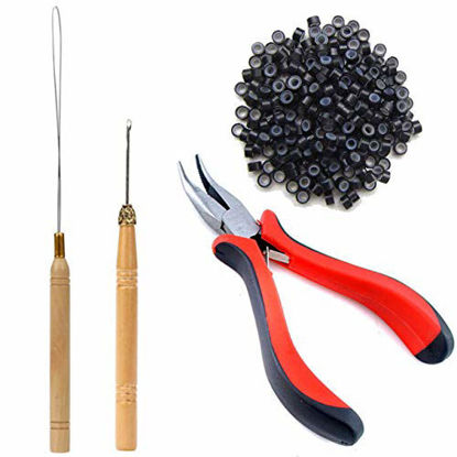Picture of TIHOOD Hair Extension Kit Pliers Pulling Hook Bead Device Tool Kits and 200PCS Black Silicone Lined Micro Rings