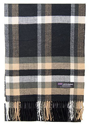 Picture of 100% Cashmere Scarf Made in Scotland Wool Buffalo Tartan Windowpane Check Plaid (Black Camel (B))
