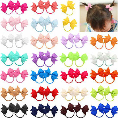 Picture of 50pcs 2" Baby Bows Hair Ties Rubber Band Ribbon Hair bands Ropes for Baby Girls Kids Children 25 Colors in Pairs