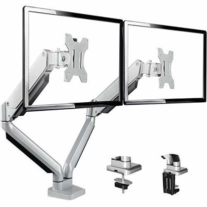 Picture of Dual Monitor Mount Stand - Height Adjustable Gas Spring Monitor Desk Mount Swivel VESA Bracket Fit Two 17 to 32 Inch Computer Screens with Clamp, Grommet Mounting Base, Each Arm Holds up to 17.6lbs