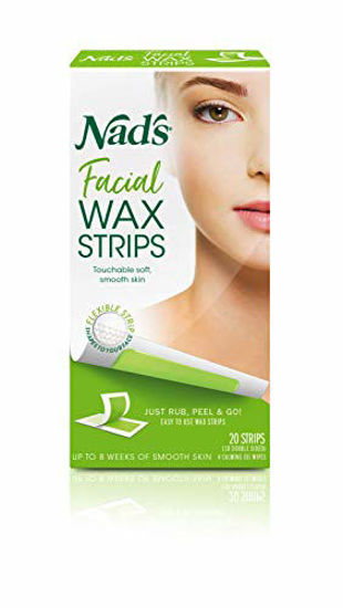 Picture of Nad's Facial Wax Strips - Hypoallergenic All Skin Types - Facial Hair Removal For Women - At Home Waxing Kit with 20 Face Wax Strips + 4 Calming Oil Wipes