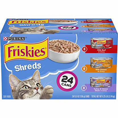 Picture of Purina Friskies Gravy Wet Cat Food Variety Pack, Shreds Beef, Chicken and Turkey & Cheese Dinner - (24) 5.5 oz. Cans (50000579198)