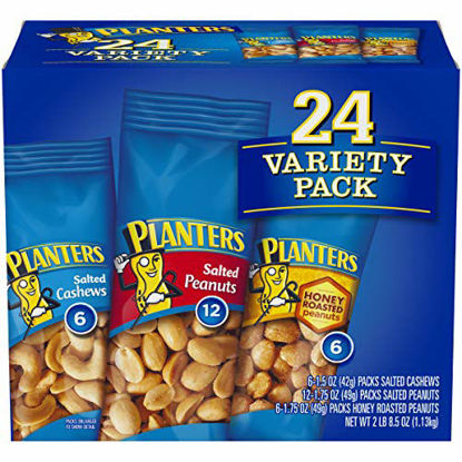 Picture of PLANTERS Variety Packs (Salted Cashews, Salted Peanuts & Honey Roasted Peanuts), 24 Packs - Individual Bags of On-the-Go Nut Snacks - No Cholesterol or Trans Fats - Source of Fiber and Healthy Fats