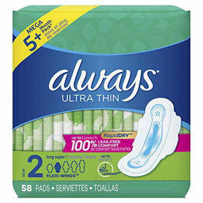 Picture of Always Ultra Thin Pads Size 2 Super Long Absorbency Unscented with Wings, 58 Count, Packaging may vary