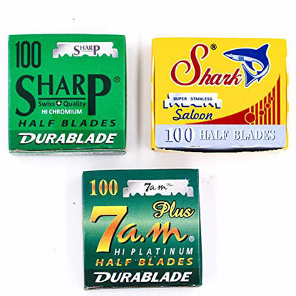 Picture of Straight Edge Barber Razor/Shavette Razor Blade Variety Pack - 300 Blades - 100 Each of Shark, Sharp & 7 a.m. Half Blades for Shavette and Professsional Replacable Blade Barber Razors