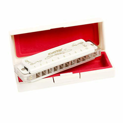 Picture of East top 10 Holes 20 Tones Diatonic Blues Harmonica Key of C with White Cover, T008L Harmonica for Adults, Professional Player, Beginner and Students
