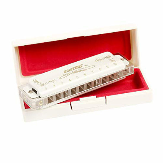 Picture of East top 10 Holes 20 Tones Diatonic Blues Harmonica Key of C with White Cover, T008L Harmonica for Adults, Professional Player, Beginner and Students
