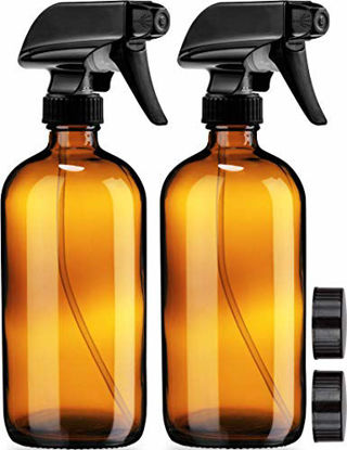 Picture of Empty Amber Glass Spray Bottles with Labels (2 Pack) - 16oz Refillable Container for Essential Oils, Cleaning Products, or Aromatherapy - Durable Black Trigger Sprayer w/Mist and Stream Settings