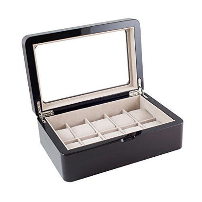 Picture of Caddy Bay Collection Glossy Espresso Wood Finish Watch Box Display Case with Glass Top Holds 10 Watches