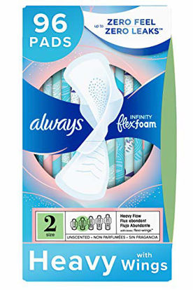 Picture of Always Infinity Feminine Pads for Women, Size 2, 96 Count, Heavy Flow Absorbency, with Wings, Unscented (32 Count, Pack of 3 - 96 Count Total)