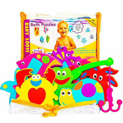 Picture of Foam Bath Toys - Non-Toxic Early Learning Bathtub Toy - Foam Geometric Shapes Puzzles Animals - Fun Floating Educational Toys For Toddlers Kids Boys Girls - Free Bath Toy Organizer & Fishing Rod
