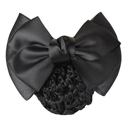 Picture of AKOAK 2 Pcs Black Bowknot Decor Snood Net Barrette Hair Clip Bun Cover