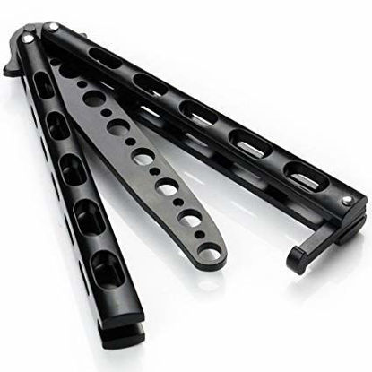 Picture of Anlado Balisong Butterfly Knife Trainer Practice with O-Ring Latch - Enhanced Version - Black Metal Steel - no Offensive Blade - for Beginner, Children, Butterfly Knives Lover and More