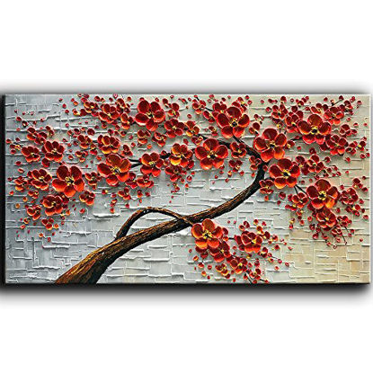 Picture of YaSheng Art - Hand-Painted Oil Painting On Canvas Texture Palette Knife Red Flowers Paintings Modern Home Decor Wall Art Painting Colorful 3D Flowers Tree Paintings Ready to Hang 24x48inch