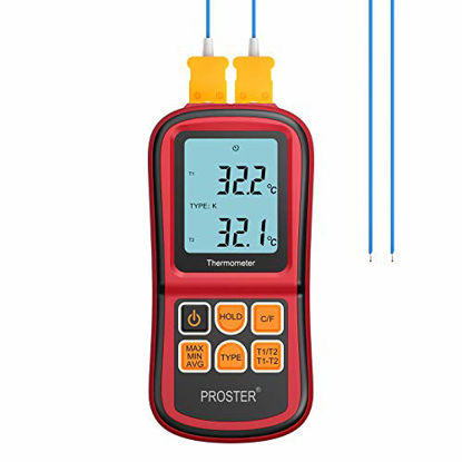 Picture of Proster Digital Thermocouple Temperature Thermometer with Two K-Type Thermocouple Probe Backlight LCD K Type Thermometer Dual Channel for K/J/T/E/R/S/N Type