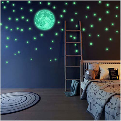 Picture of Glow in The Dark Stars and Full Moon Wall Stickers 220 Adhesive Glowing Star Beautiful Wall Decals for Any Room,Light Your Ceiling,Bonus Affirmation Card for Kids Toddlers, Christmas Birthday Gift