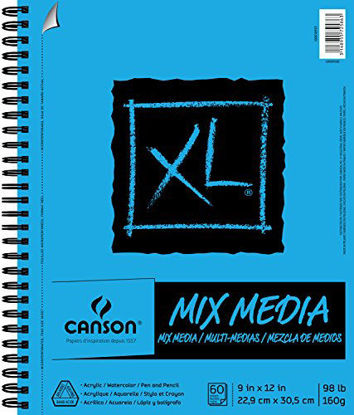 Picture of Canson 100510927 XL Series Mix Paper Pad, Heavyweight, Fine Texture, Heavy Sizing for Wet and Dry Media, Side Wire Bound, 98 Pound, 9 x 12 Inch, 60 Sheets, 1-Pack, Multicolor