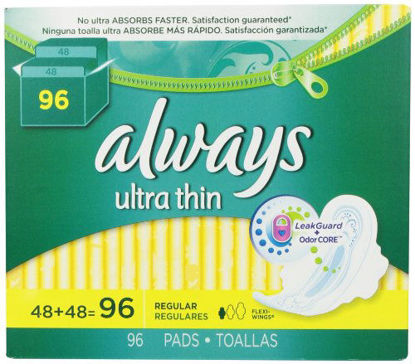 Picture of Always Ultra Thin Regular Pads With Wings, Unscented, 96 Count