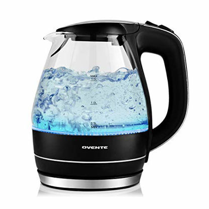 Picture of Ovente Portable Electric Glass Kettle 1.5 Liter with Blue LED Light and Stainless Steel Base, Fast Heating Countertop Tea Maker Hot Water Boiler with Auto Shut-Off & Boil Dry Protection, Black KG83B