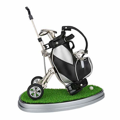 Picture of Mini desktop golf bag pen holder with lawn base and golf pens 5-piece set of golf souvenir Tour souvenir novelty gift Idea Golf Golfing (silver and black)