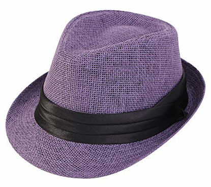 Picture of Simplicity Fedora Hat Men Women Summer Short Brim Straw Fedora Hat, Purple LXL