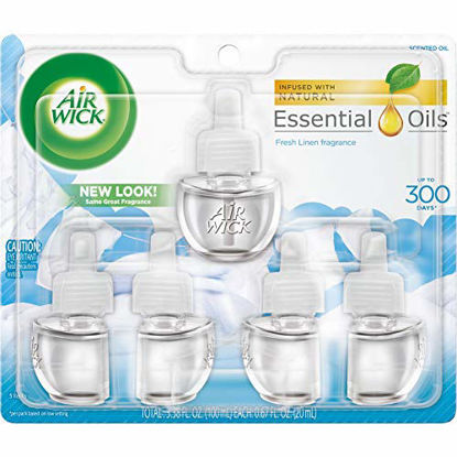 Picture of Air Wick plug in Scented Oil 5 Refills, Fresh Linen, (5x0.67oz), Same familiar smell of fresh laundry, New look, Packaging May Vary, Essential Oils, Air Freshener