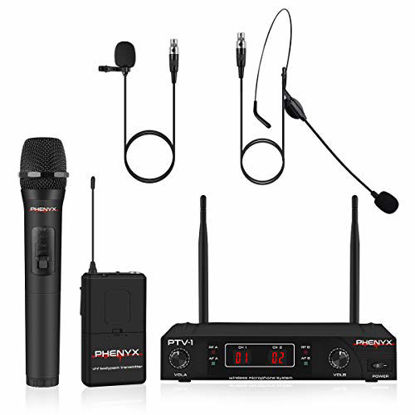 Picture of Wireless Microphone System, Phenyx Pro VHF Cordless Mic Set With 1 Handheld+1 Headset+1 Lapel+1 Bodypack, Stable Signal, Long Range, Best for Presentation, Interview, Church, Wedding,Events (PTV-1B)