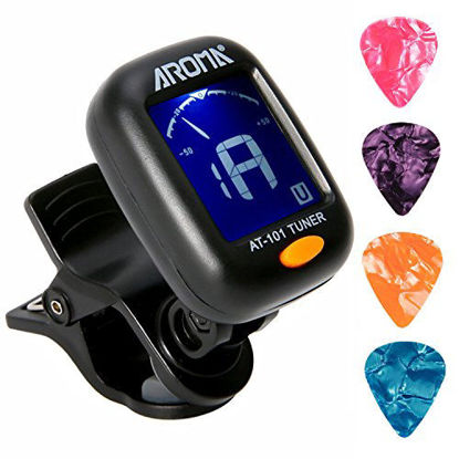 Picture of Clip On Guitar Tuner For All Instruments, Ukulele, Guitar, Bass, Mandolin, Violin, Banjo, Large Clear LCD Display For Guitar Tuner, Chromatic Tuner, 4 PCS Guitar Picks Included