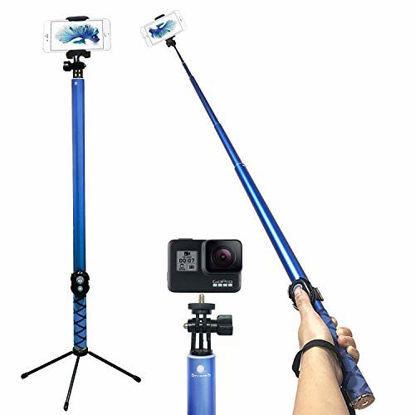 Picture of Bluetooth Long Selfie Stick- Super Length Lightweight Extendable Pole from 20'' to 118 Built-in Wireless Remote Shutter Grip Holder Mount Compatible iPhone Samsung Android Cell Phone(Blue)