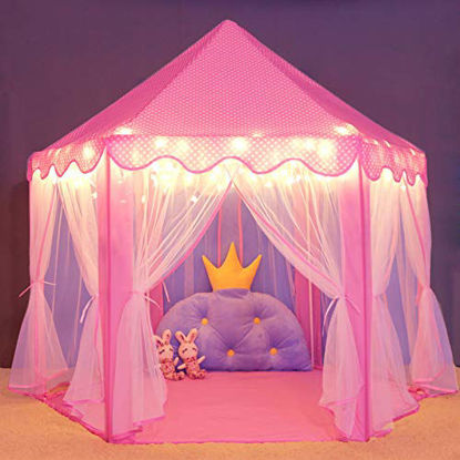 Picture of Wilwolfer Princess Castle Play Tent for Girls Large Kids Play Tents Hexagon Playhouse with Star Lights Toys for Children Indoor Games (Pink)