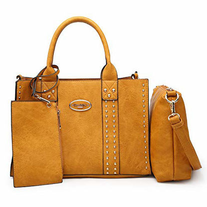 Picture of Women Vegan Leather Handbags Fashion Satchel Bags Shoulder Purses Top Handle Work Bags 3pcs Set Tan