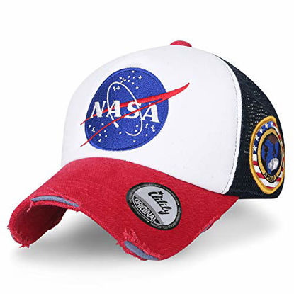 Picture of ililily NASA Meatball Logo Embroidery Baseball Cap Apollo 1 Patch Trucker Hat, Red & White