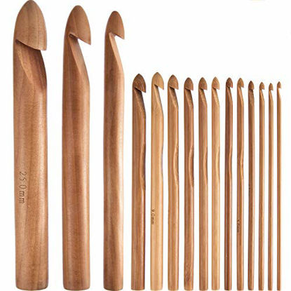 Picture of Hestya 15 Pieces Wooden Bamboo Crochet Hooks Set Handcrafted Knitting Needles Weave Yarn Craft, 3 to 25 mm in Diameters