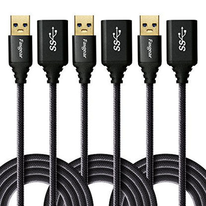 Picture of USB 3.0 Extension Cable 6ft, 3 Pack Fasgear 5Gbps USB Type A Male to Female Extender Data Transfer Cords for Playstation, Xbox, Oculus VR, USB Flash Drive, Hard Drive, Printer, Camera (Black)