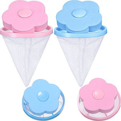 Picture of 4 Pieces Reusable Washing Machine Lint Catcher Household Washing Machine Lint Mesh Bag Hair Filter Net Pouch Washer Hair Catcher (Blue, Pink)