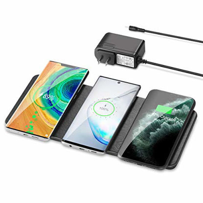 Picture of Wireless Charging Pad, ZealSound Qi-Certified Ultra-Slim Triple Wireless Charger Station for Multiple 3 Devices & New Airpods Ultra Slim Leather Mat W/AC Adapter for All Qi Enabled Phones (Black)
