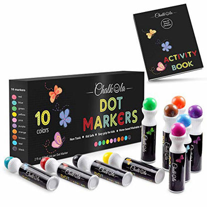 Picture of Washable Dot Markers for Kids with Free Activity Book | 10 Colors Set | Water-Based Non Toxic Paint Daubers | Dab Marker Kit for Toddlers & Preschoolers | Fun Art Supplies by Chalkola